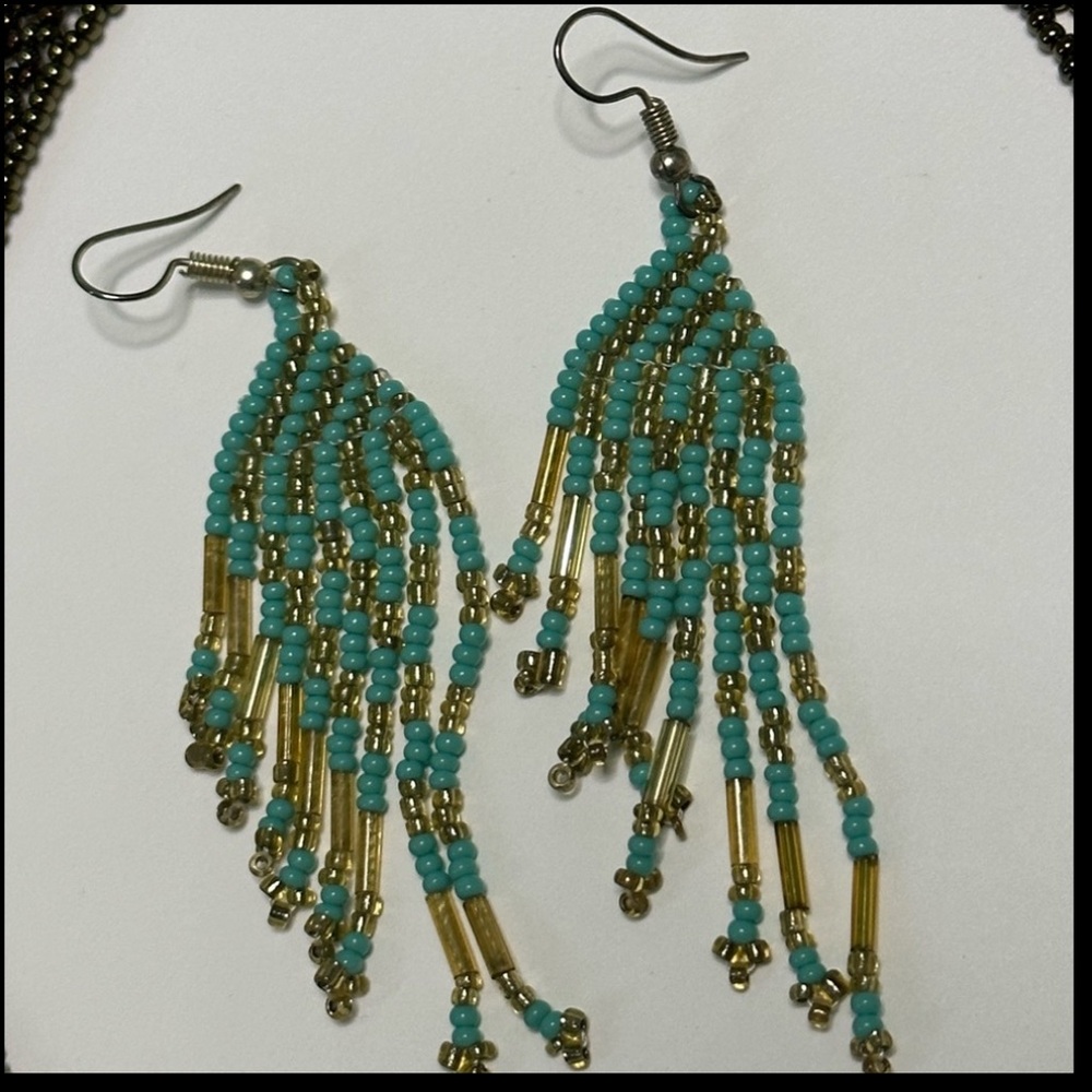 Green (teal) color  Beaded Fringe handmade Earrings